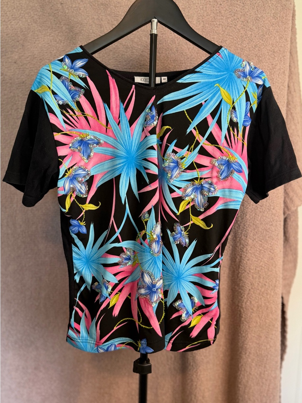 Barisal Size 40 Black Tropical Floral Embellished Beaded Top